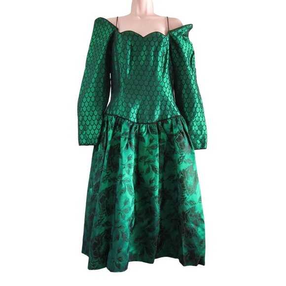 Vintage Emerald Green Black Scale Floral Damask Cocktail Formal by Moza USA Made - Picture 1 of 12
